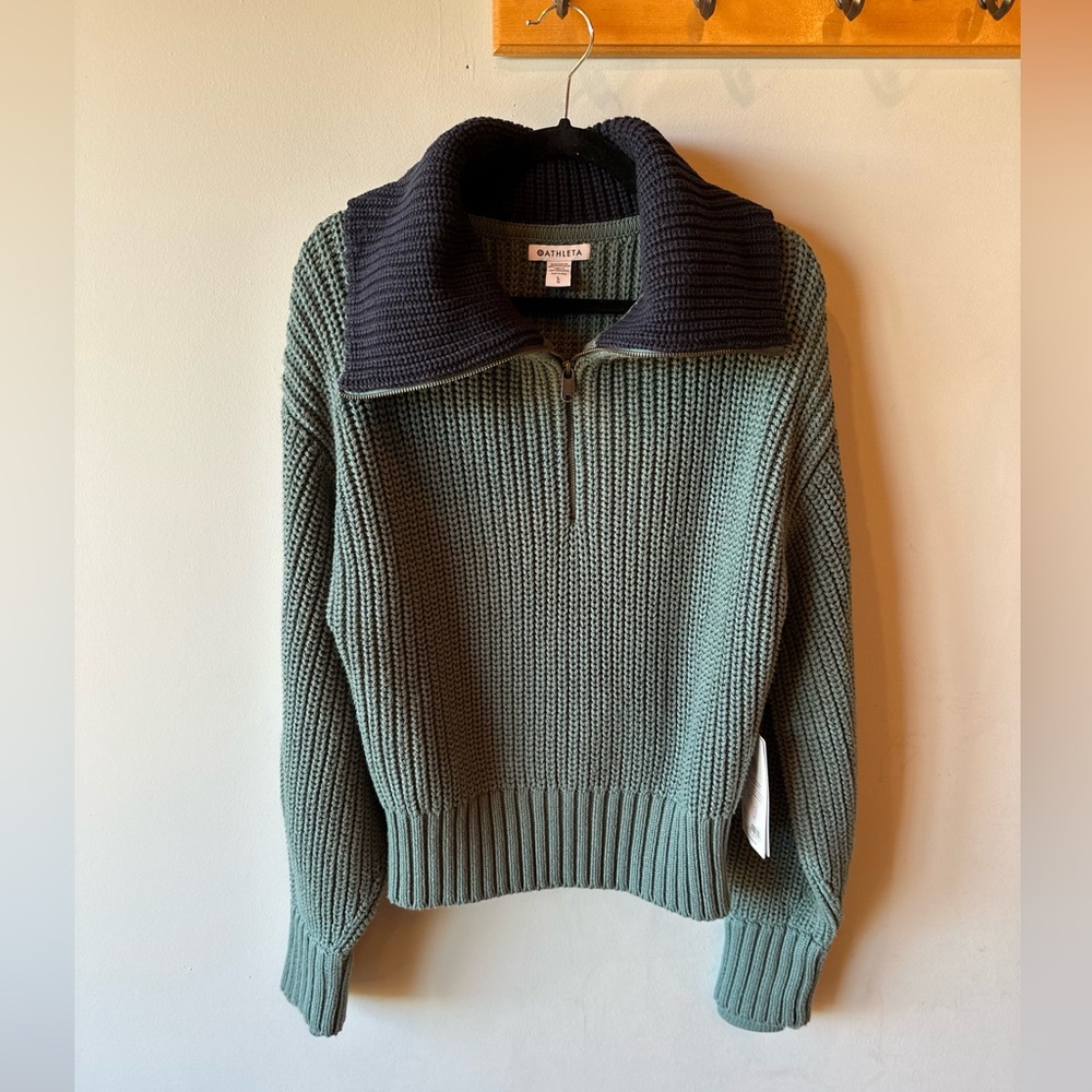 Athleta Alder Half Zip Ribbed Sweater Green Navy Collar Cropped Women's L NWT - Picture 3 of 6